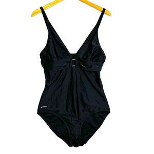 Speedo women’s one piece swimsuit size 14 Solid black Gathered V-neck Empire